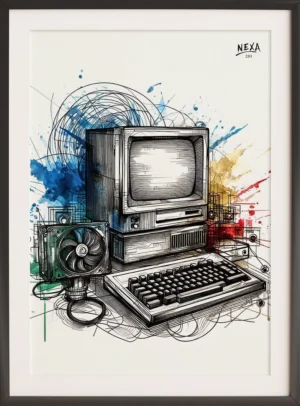 Old computer setup with keyboard and monitor, in technical sketch style and colorful splashes – A4 printable