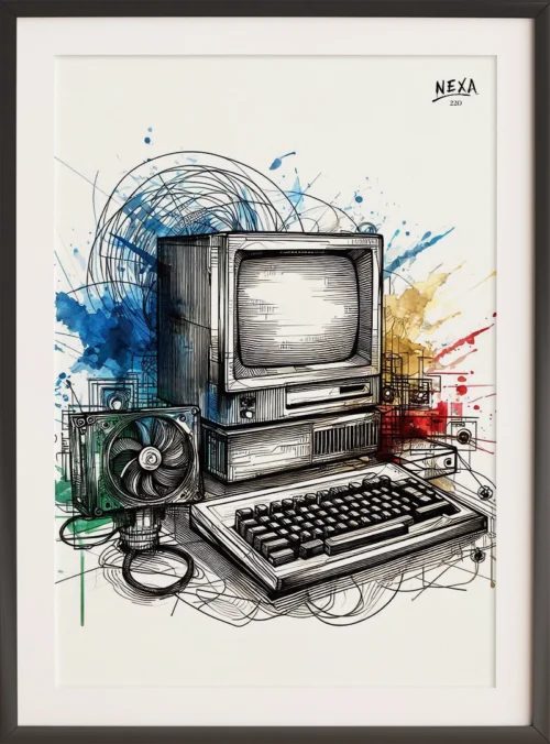 Old computer setup with keyboard and monitor, in technical sketch style and colorful splashes – A4 printable