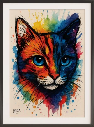Ink and watercolor painting of a colorful cat with bright blue eyes – A4 printable art