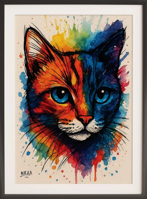 Ink and watercolor painting of a colorful cat with bright blue eyes – A4 printable art