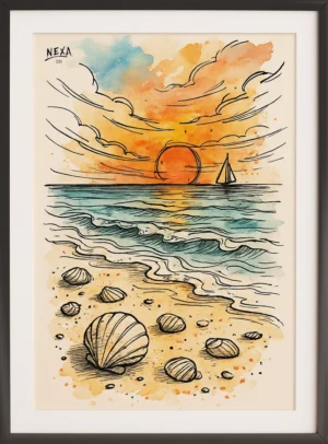 Peaceful seaside sunset with vibrant orange sky, calm waves, and scattered seashells – A4 printable