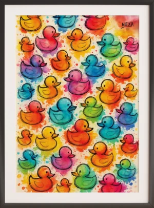 Colorful collection of watercolor rubber ducks in rainbow hues – A4 printable