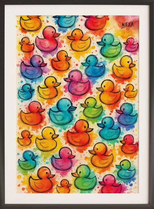 Colorful collection of watercolor rubber ducks in rainbow hues – A4 printable