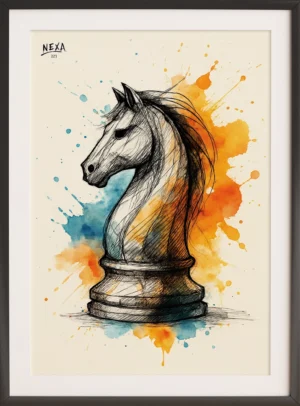Detailed chess knight piece with a horse head drawn in ink and watercolor – A4 printable