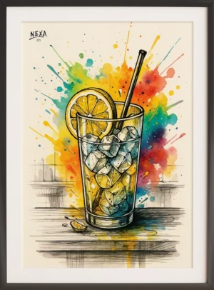 Refreshing drink with ice, lemon slice, and straw, surrounded by colorful splashes – A4 printable