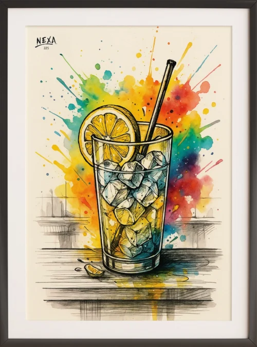 Refreshing drink with ice, lemon slice, and straw, surrounded by colorful splashes – A4 printable
