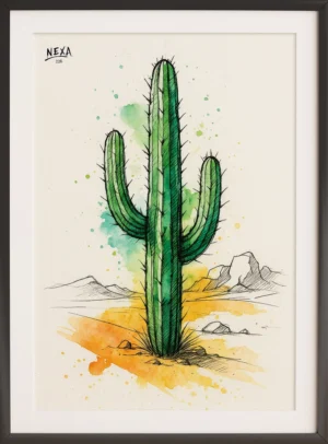Tall cactus in desert with green and yellow watercolor splashes – A4 printable