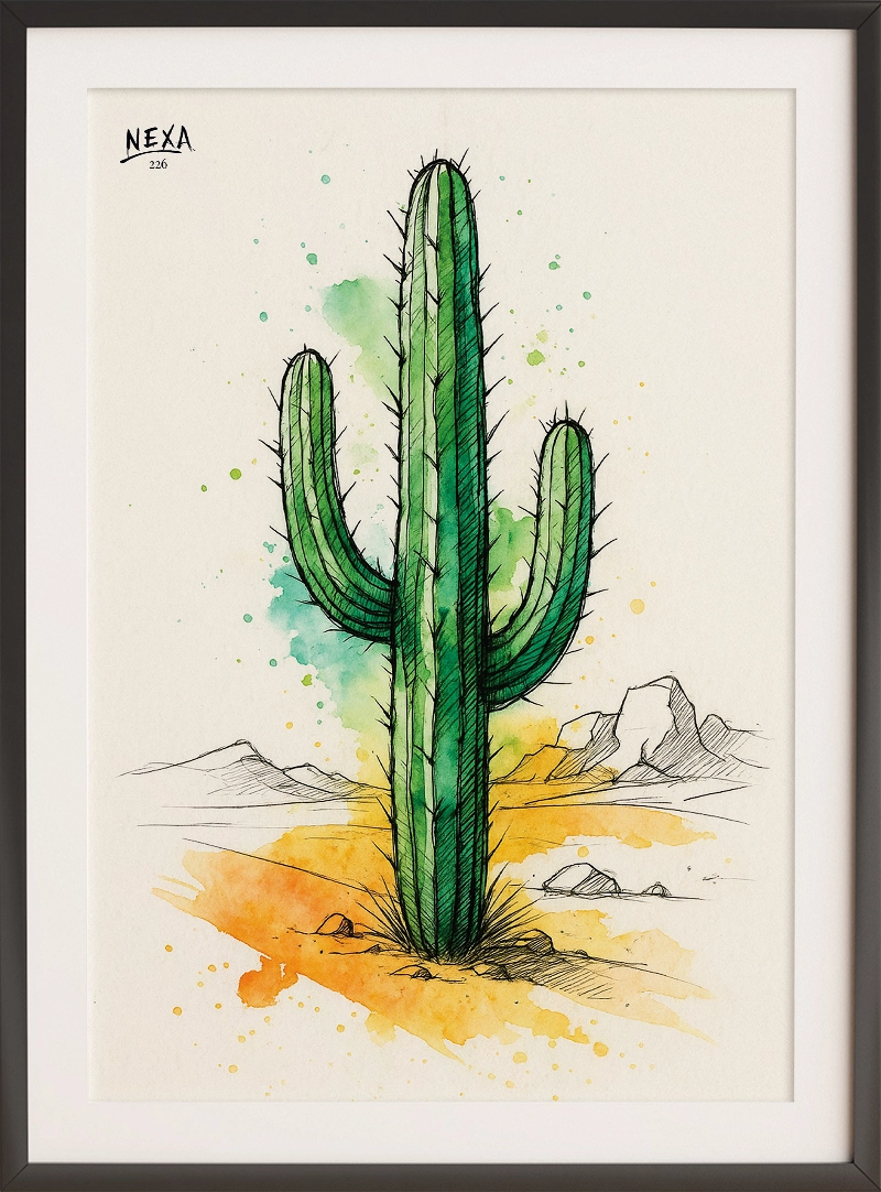 Tall cactus in desert with green and yellow watercolor splashes – A4 printable
