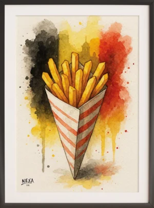 Cone of fries in front of Belgian flag colors – A4 printable