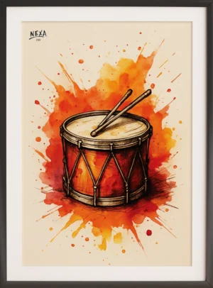 Vibrant watercolor drum with drumsticks and explosive red-orange background – A4 printable