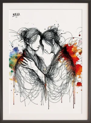 Two women gently embracing, drawn with abstract black lines and splashes of watercolor – A4 printable