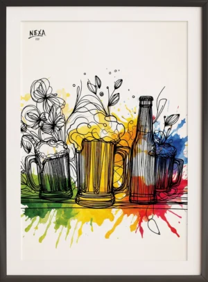 Beer mugs and bottles with floral line art and rainbow watercolor splashes – A4 printable