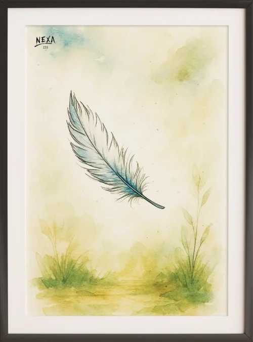 Delicate feather floating on a soft watercolor background of green and blue – A4 printable