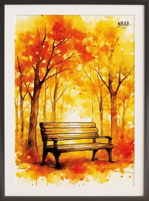 Peaceful park bench in a bright orange and yellow autumn forest – A4 printable