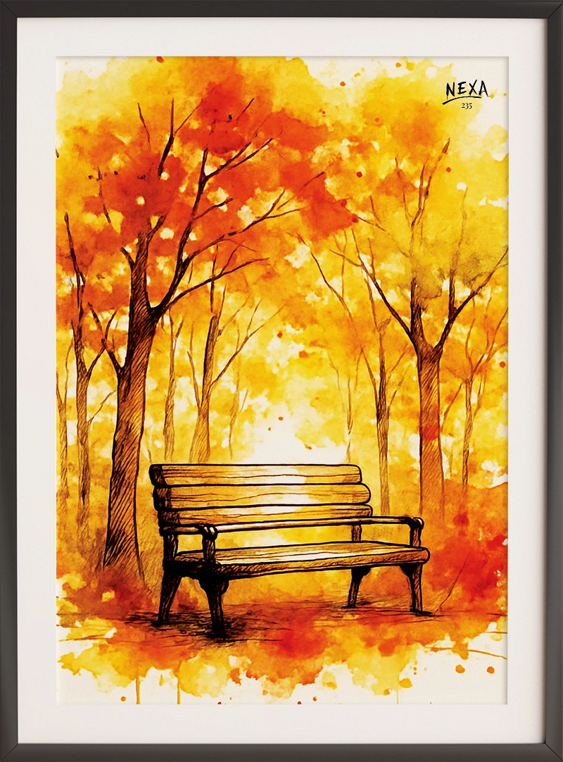 Peaceful park bench in a bright orange and yellow autumn forest – A4 printable