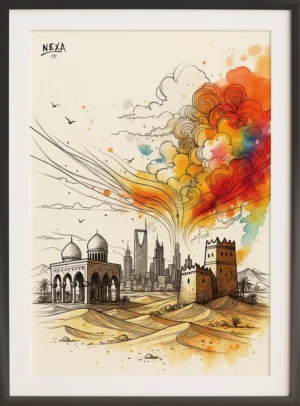 Stylized Saudi Arabian skyline blending ancient and modern architecture, with swirling colorful sky – A4 printable