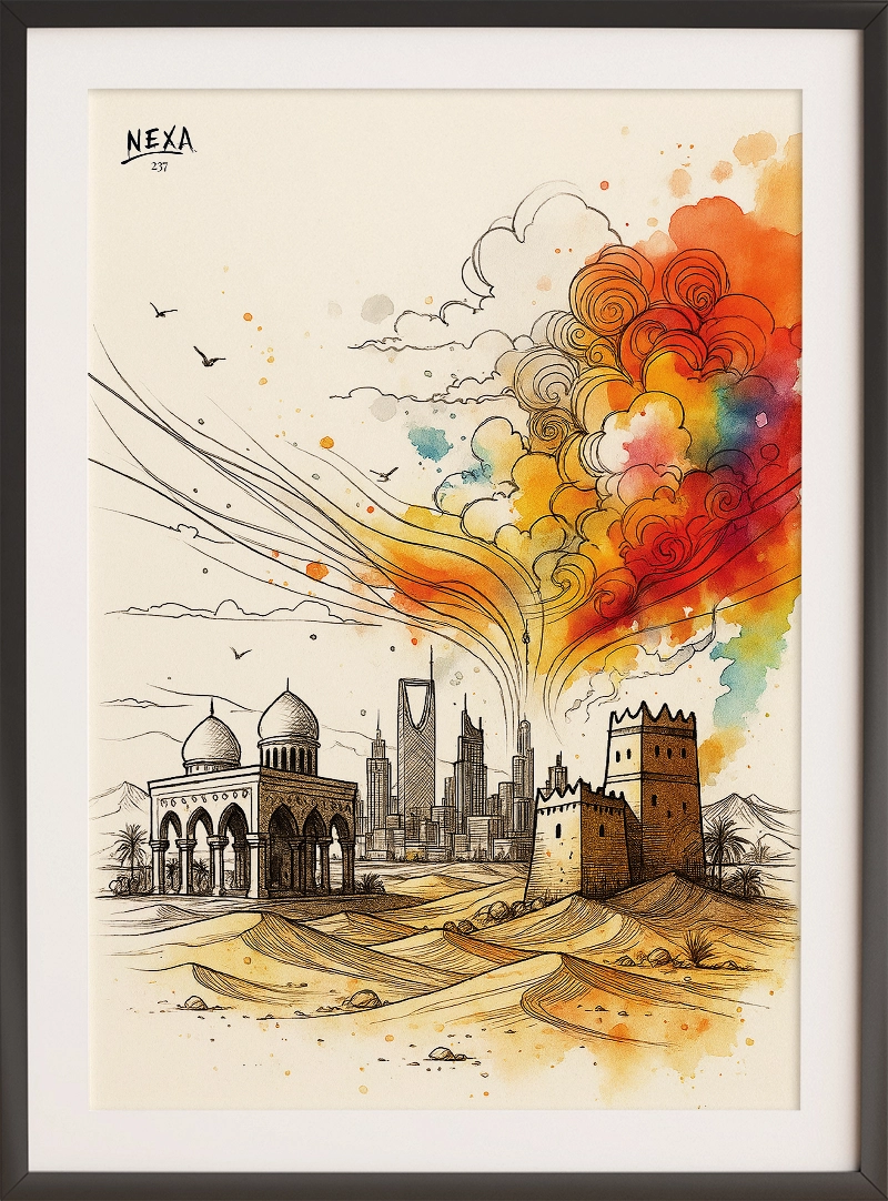 Stylized Saudi Arabian skyline blending ancient and modern architecture, with swirling colorful sky – A4 printable