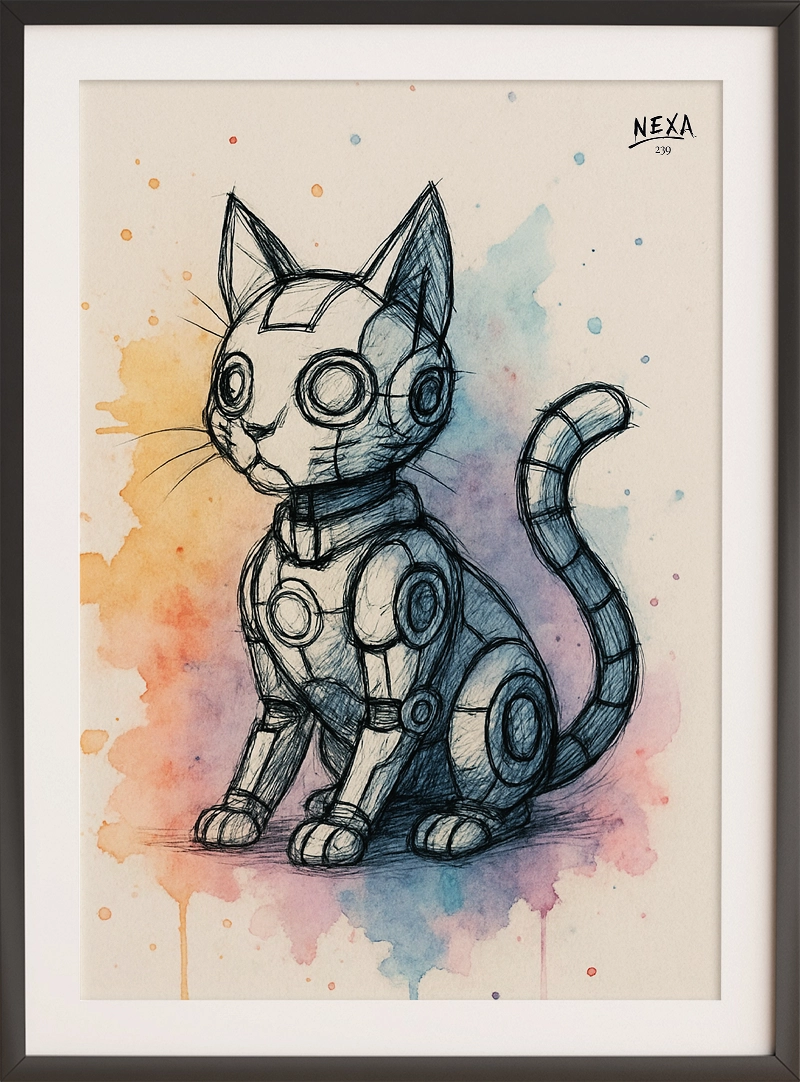 Sketch of a robotic cat with mechanical details and colorful watercolor background – A4 printable
