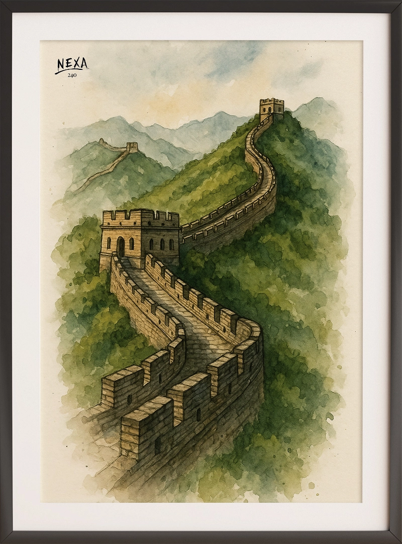 Majestic ink and watercolor illustration of the Great Wall of China winding through lush green mountains – A4 printable