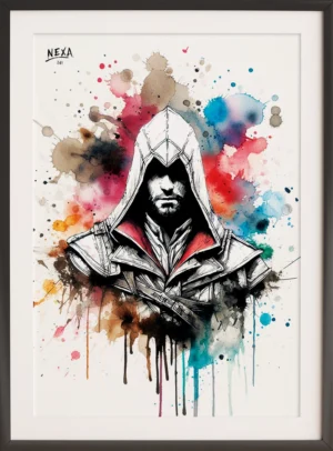 Ink and watercolor portrait of Ezio Auditore with dramatic hood and colorful splash background – A4 printable