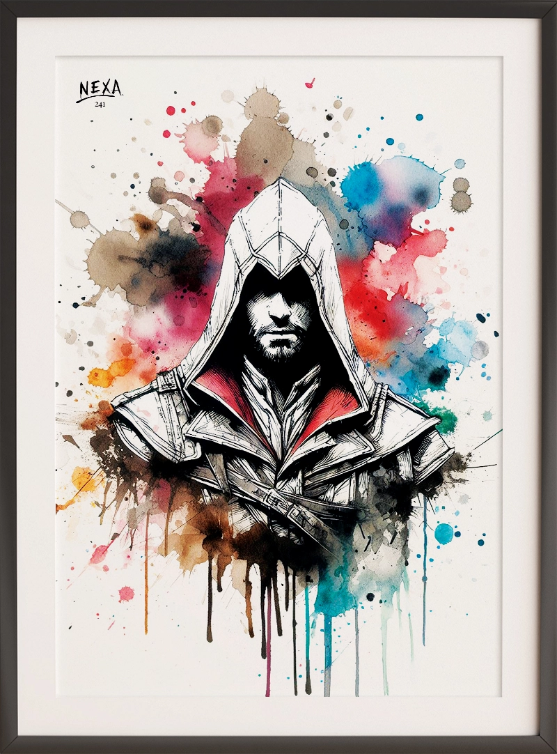 Ink and watercolor portrait of Ezio Auditore with dramatic hood and colorful splash background – A4 printable