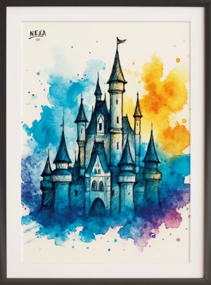 Magical castle sketch with pointed towers and colorful watercolor background – A4 printable
