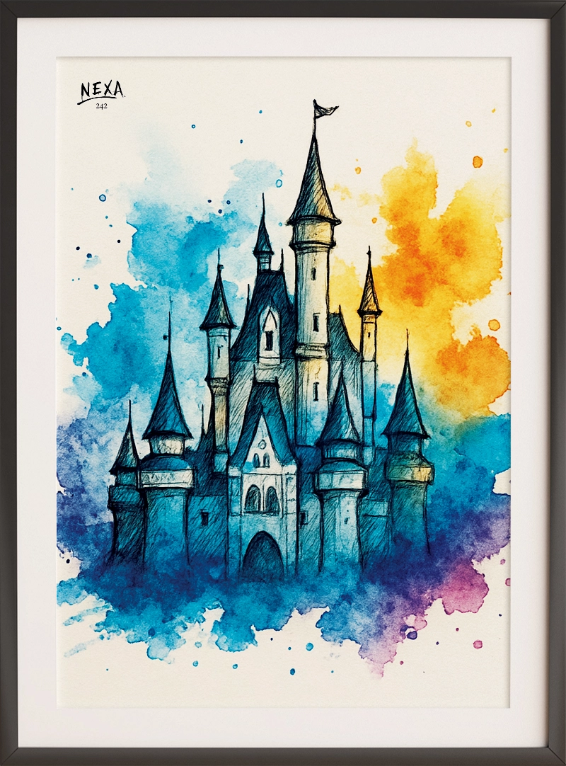 Magical castle sketch with pointed towers and colorful watercolor background – A4 printable