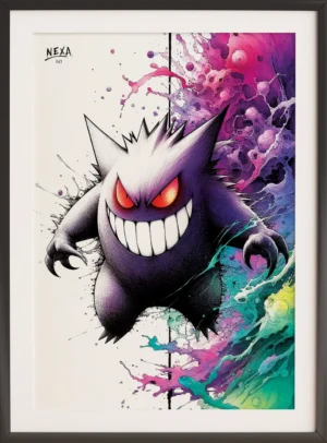 Striking Gengar with glowing red eyes, wide grin, and explosive colorful background – A4 printable Pokemon art