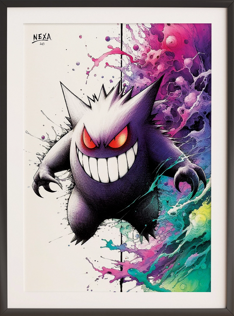 Striking Gengar with glowing red eyes, wide grin, and explosive colorful background – A4 printable Pokemon art