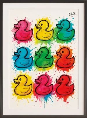Nine colorful rubber ducks in a grid layout with splattered watercolor backgrounds – A4 printable pop art style