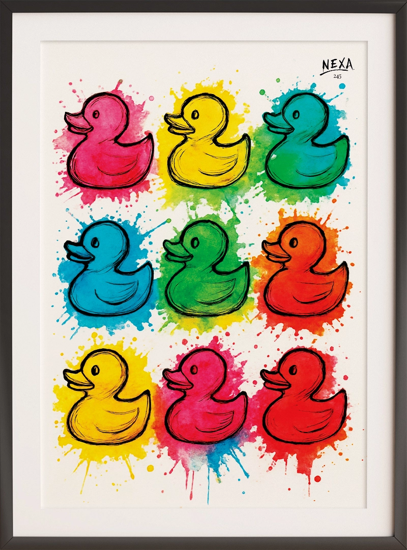 Nine colorful rubber ducks in a grid layout with splattered watercolor backgrounds – A4 printable pop art style