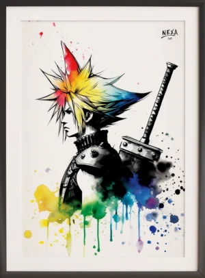 Stylized portrait of Cloud from Final Fantasy VII with vibrant watercolor effects and his iconic spiky hair and sword – A4 printable