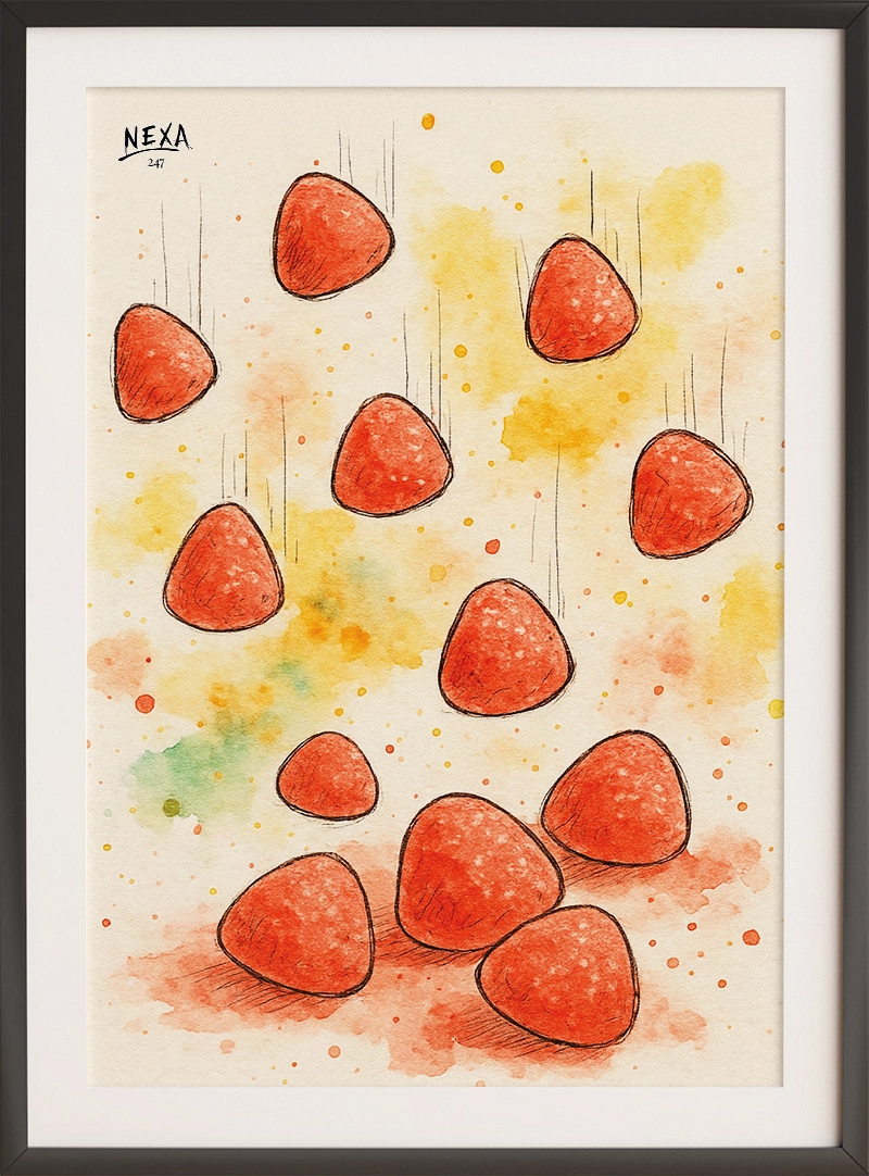 Playful red strawberry candies falling in a watercolor sky with soft yellow and green splashes – A4 printable