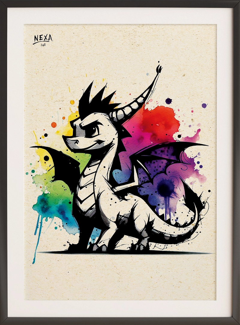 Stylized tribute to Spyro the dragon with a punk twist, surrounded by vivid watercolor splashes – A4 printable