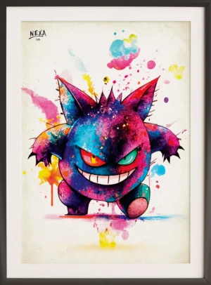 Colorful and chaotic depiction of Gengar the Pokémon, with wild splashes of watercolor and an intense smile – A4 printable