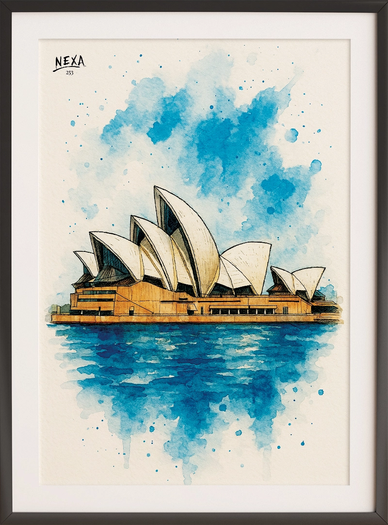 Watercolor and ink illustration of the Sydney Opera House by the sea – A4 printable