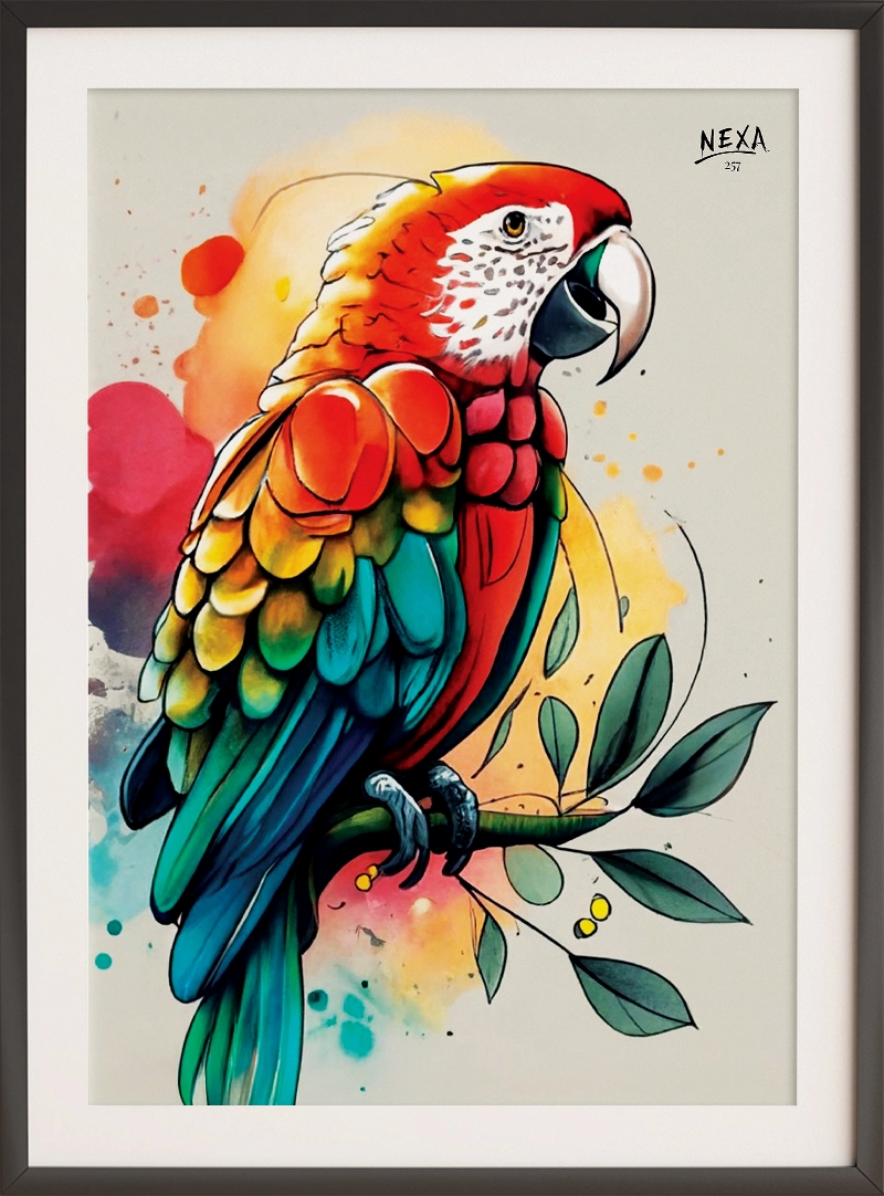 Colorful macaw in ink and watercolor, perched on a branch, vibrant and expressive – A4 printable