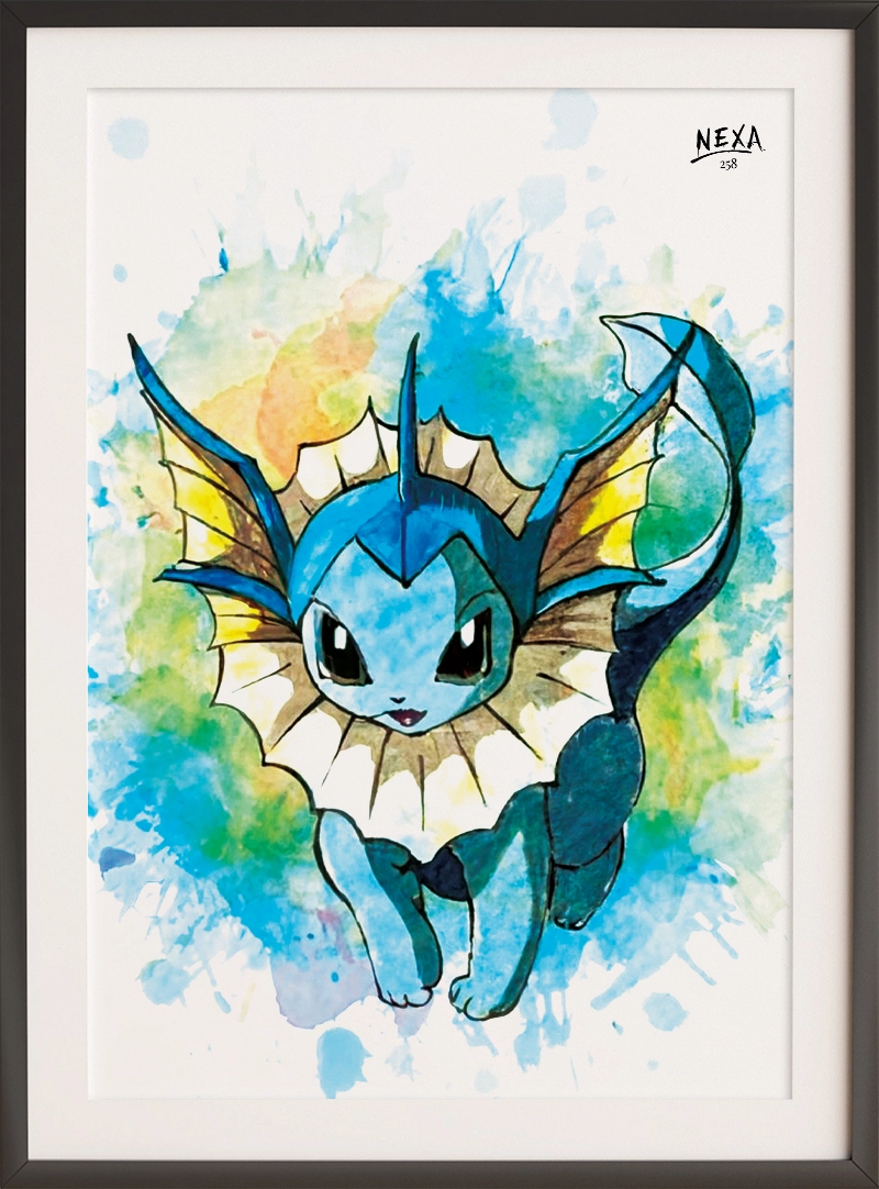 Vaporeon mid-leap, in expressive ink and watercolor, with a splashy blue background – A4 printable