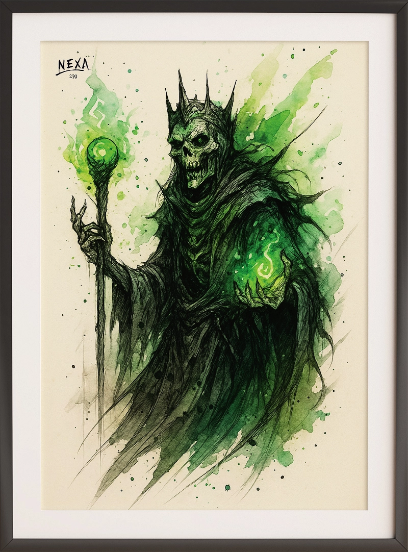 Skeletal crowned mage in dark ink robes with glowing green energy – A4 printable