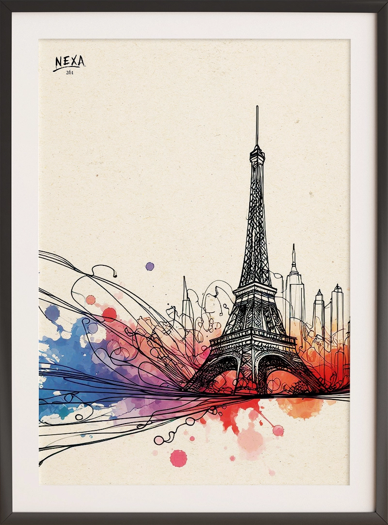 Eiffel Tower with colorful watercolor splashes and Paris skyline – A4 printable