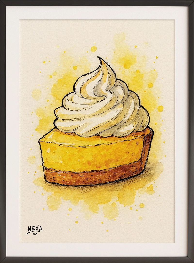 Slice of lemon pie with whipped cream, drawn in ink and watercolor – A4 printable