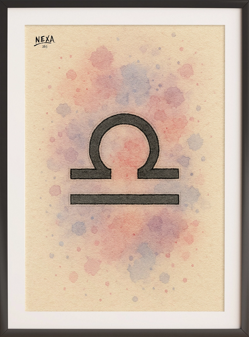 Libra zodiac sign in black ink with watercolor pink and purple background – A4 printable