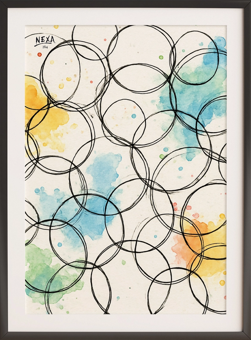 Overlapping black ink circles with watercolor splashes in blue, yellow, and green – A4 printable