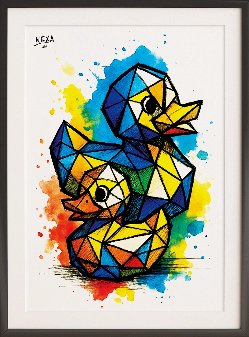 Two abstract ducks in colorful geometric watercolor style – A4 printable
