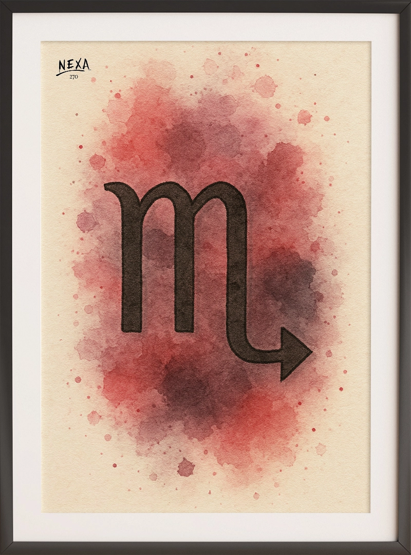 Scorpio zodiac symbol in black ink with red watercolor background – A4 printable