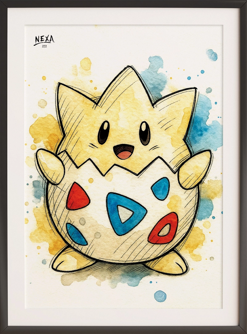 Cute sketch of Togepi with watercolor splashes in yellow, blue and red – A4 printable
