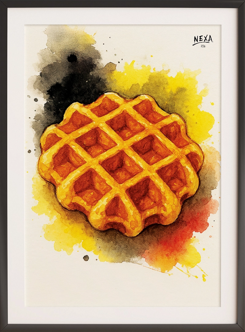 Crispy golden Belgian waffle with rich yellow and black watercolor background – A4 printable