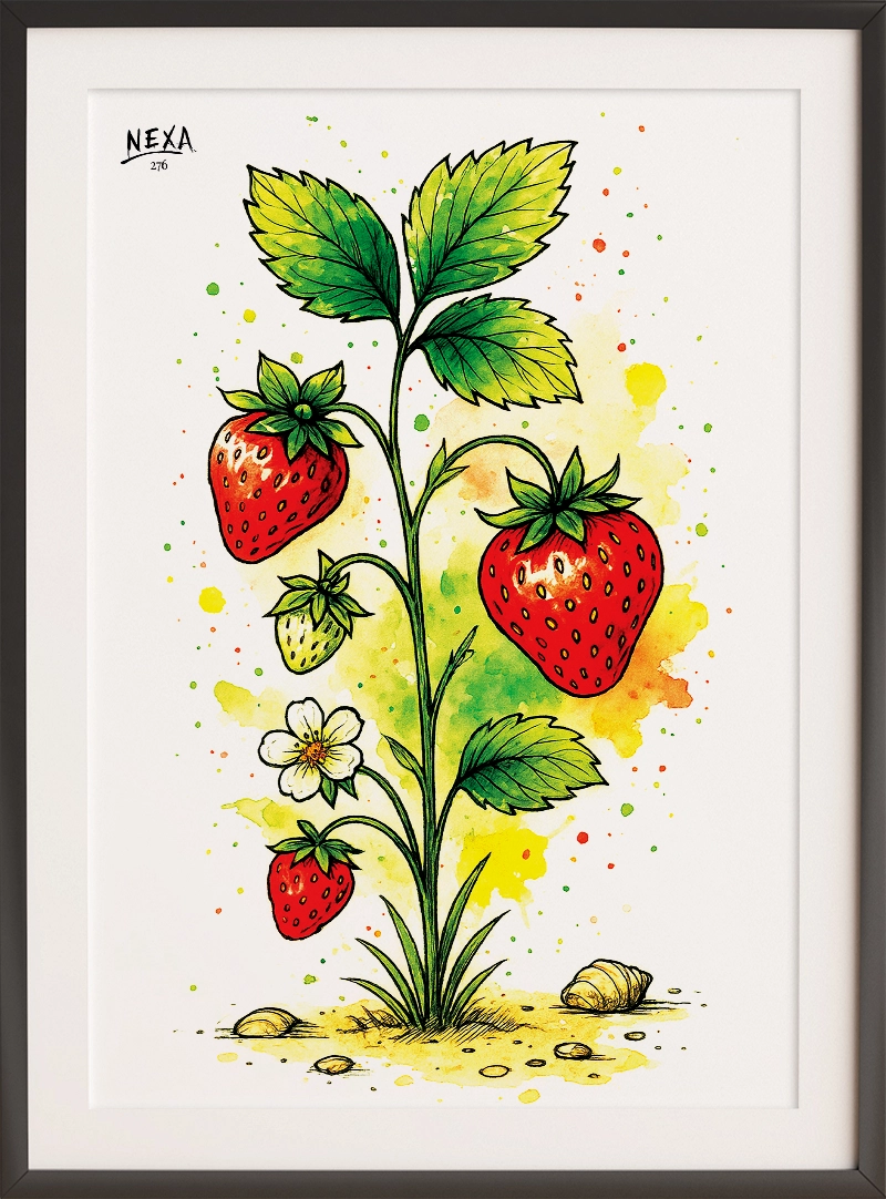 Strawberry plant with ripe red fruits, green leaves, white flowers and watercolor splashes – A4 vertical printable