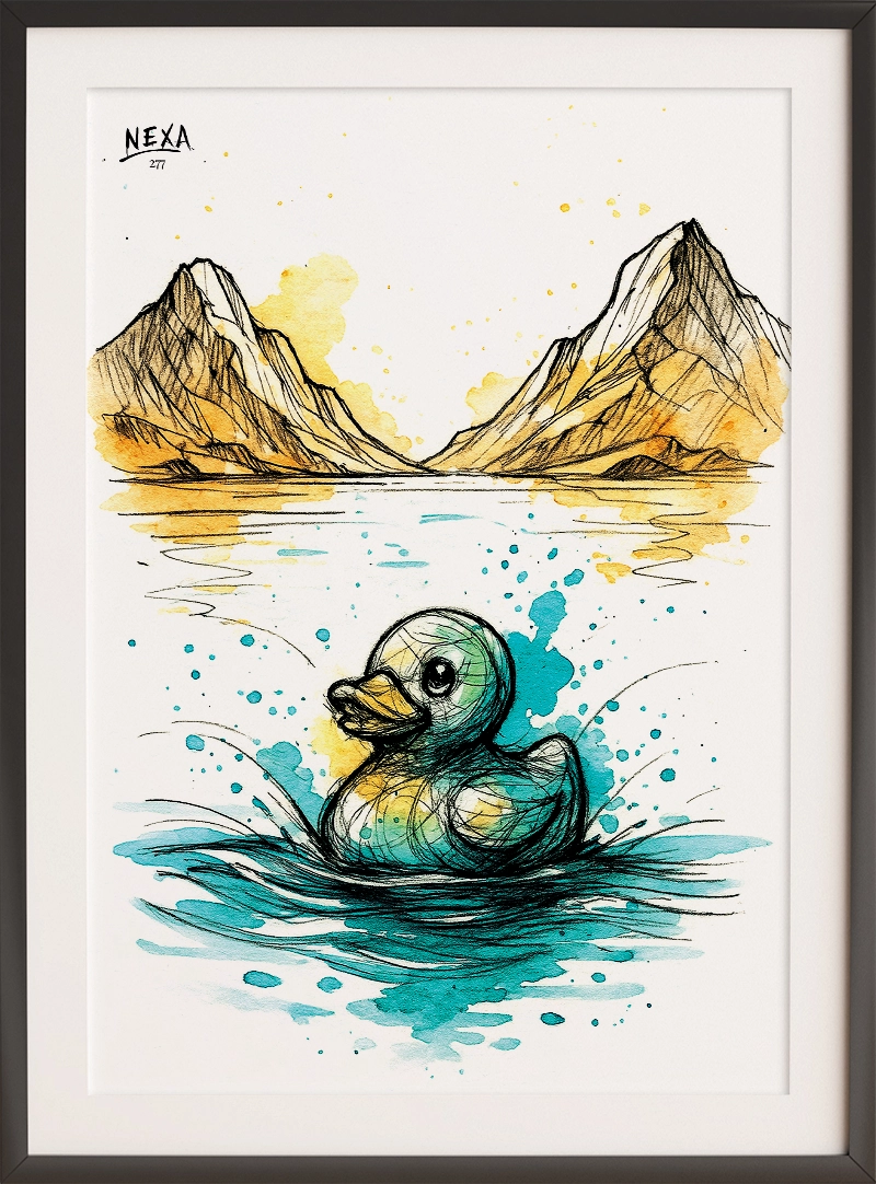 Rubber duck floating on a mountain lake with turquoise water and golden peaks – A4 vertical printable
