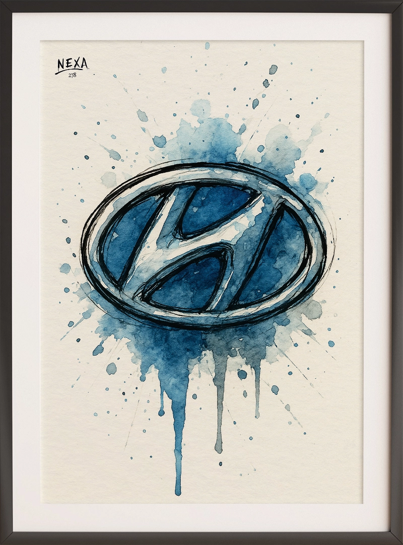 Stylized Hyundai logo with dynamic blue watercolor splashes and ink outline – A4 vertical printable